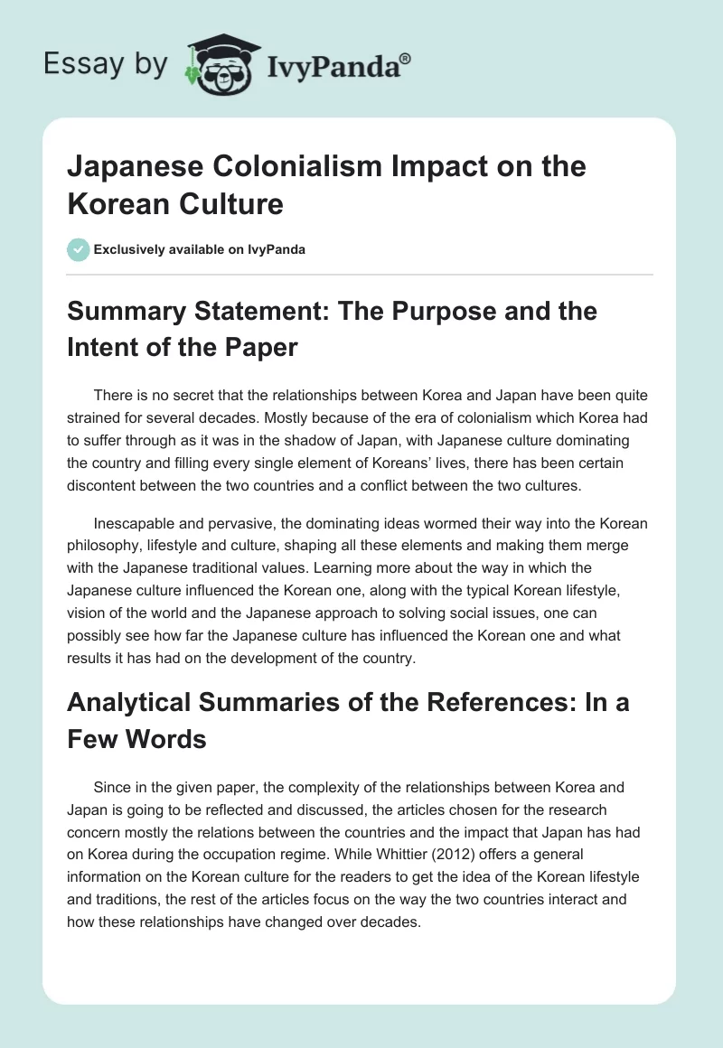 Japanese Colonialism Impact on the Korean Culture. Page 1