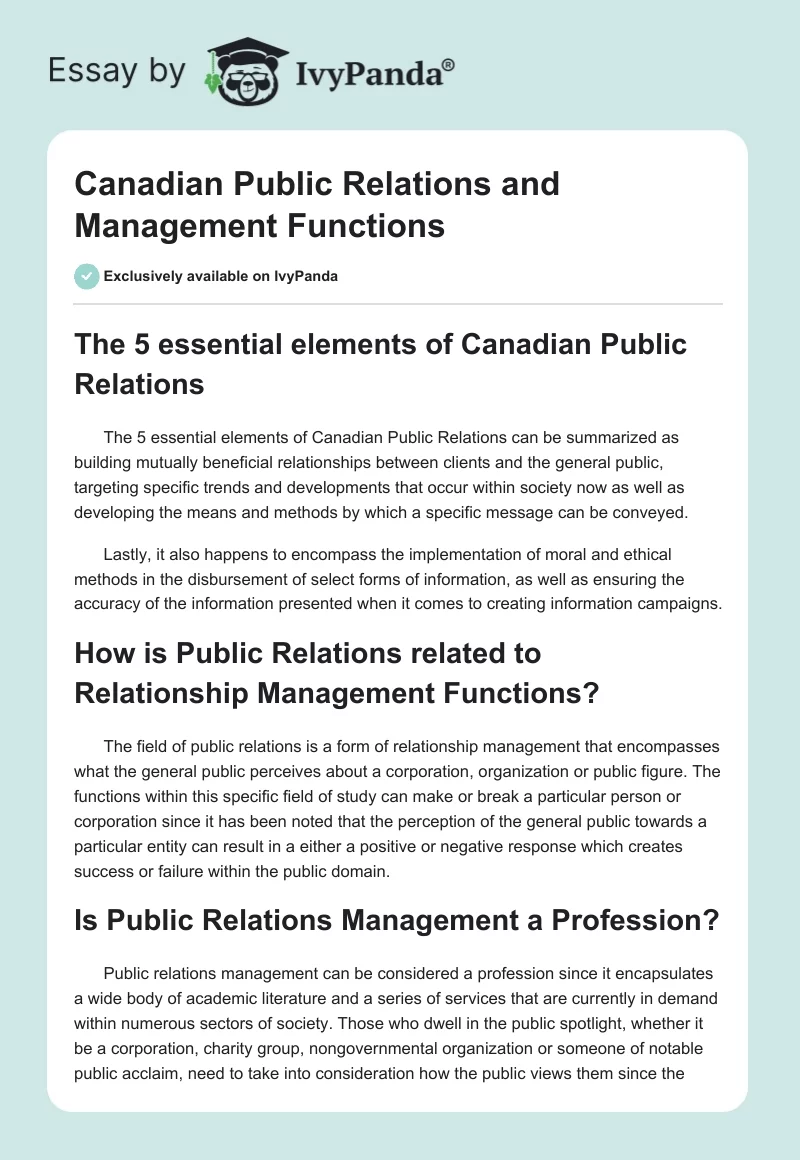 Canadian Public Relations and Management Functions. Page 1