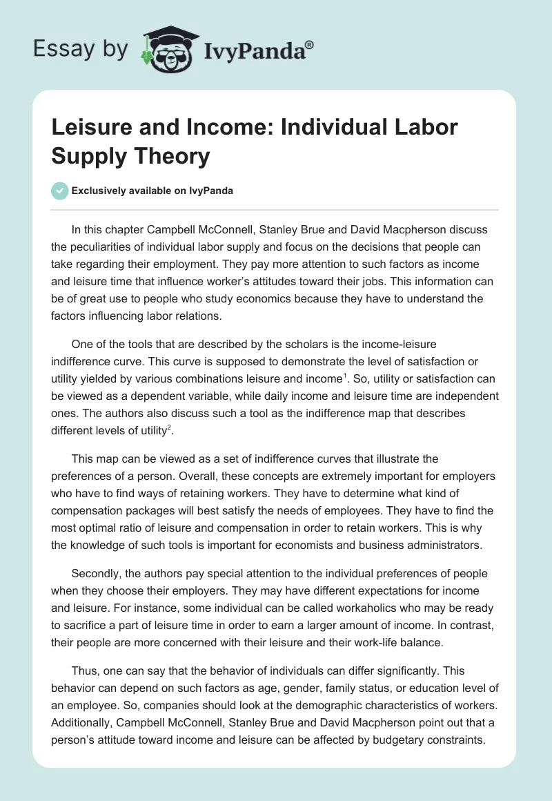 Leisure and Income: Individual Labor Supply Theory. Page 1