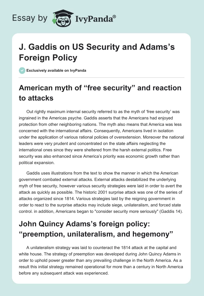 J. Gaddis on US Security and Adams’s Foreign Policy. Page 1