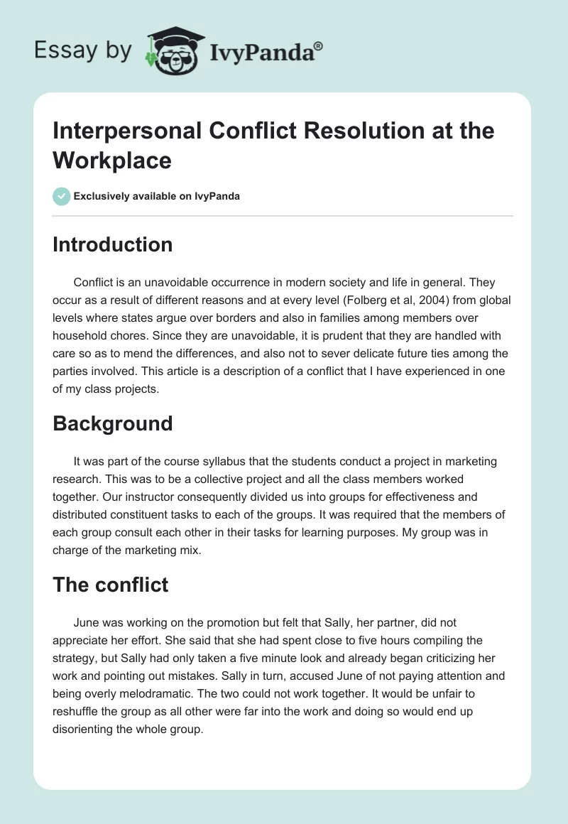 Interpersonal Conflict Resolution at the Workplace. Page 1