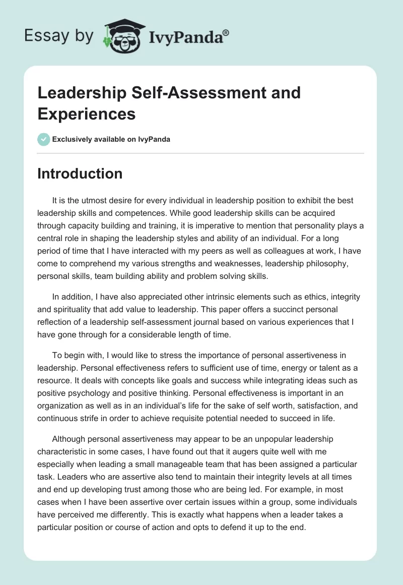 Leadership Self-Assessment and Experiences. Page 1