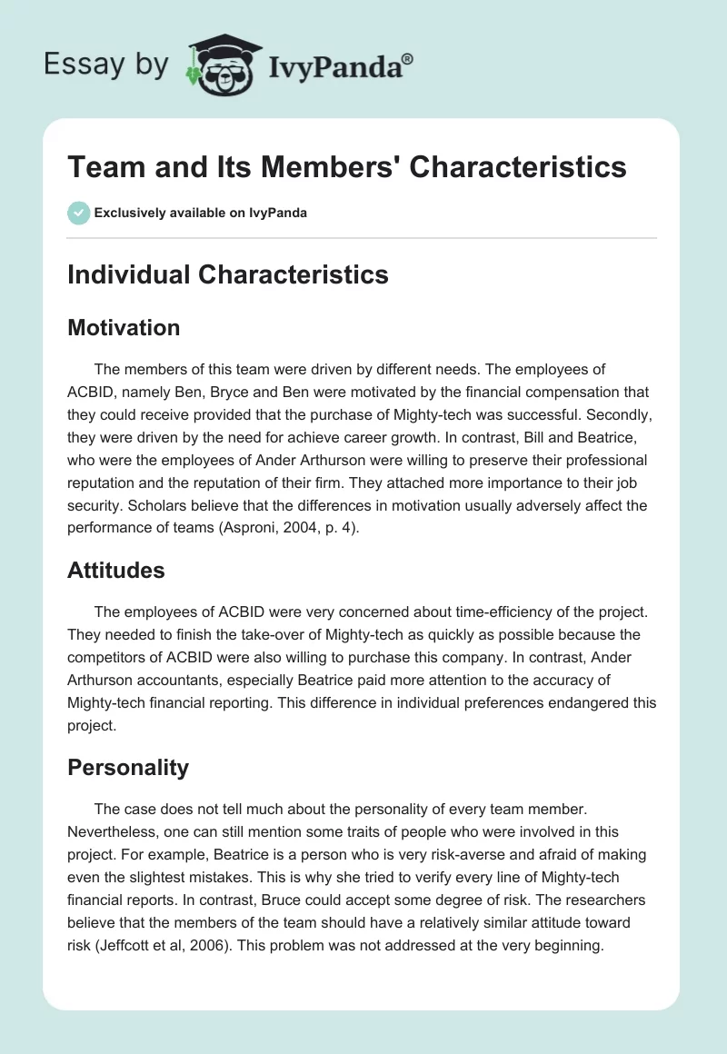 Team and Its Members' Characteristics. Page 1