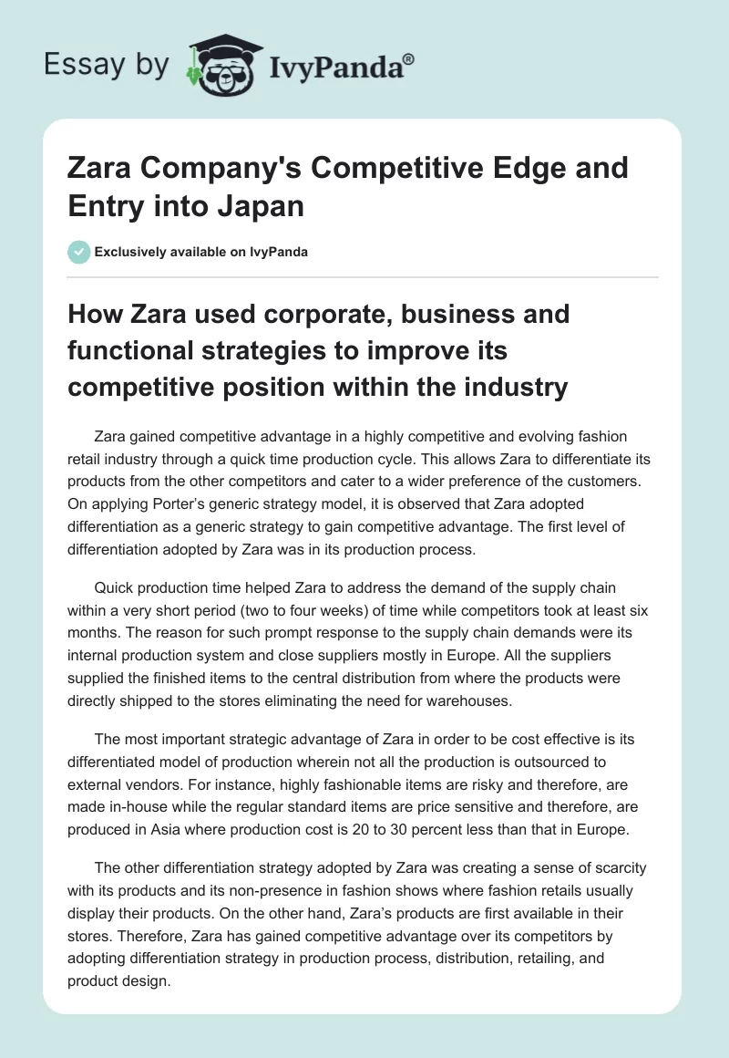Zara Company's Competitive Edge and Entry into Japan. Page 1