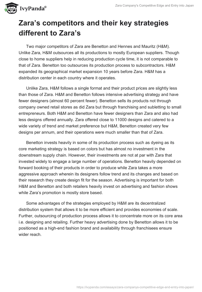 Zara Company's Competitive Edge and Entry into Japan. Page 2