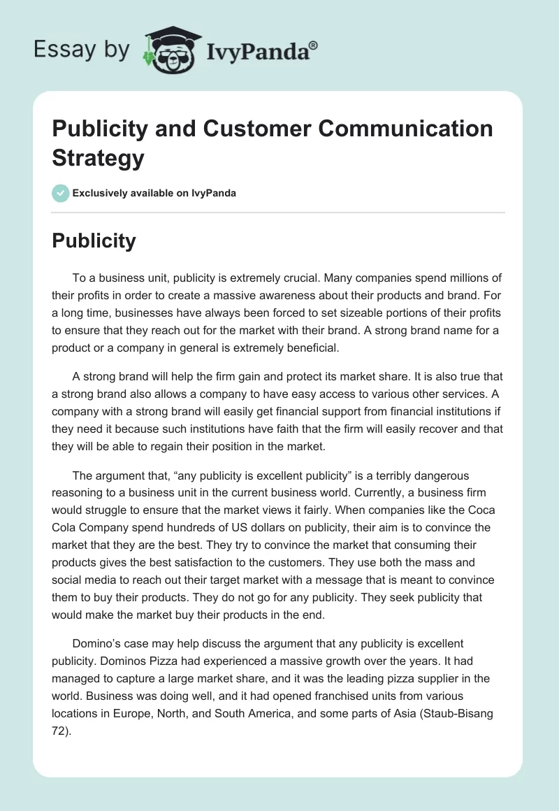 Publicity and Customer Communication Strategy. Page 1