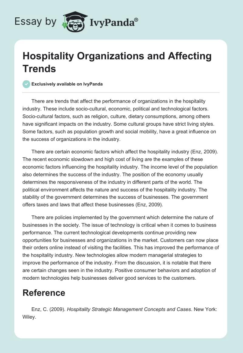 Hospitality Organizations and Affecting Trends. Page 1