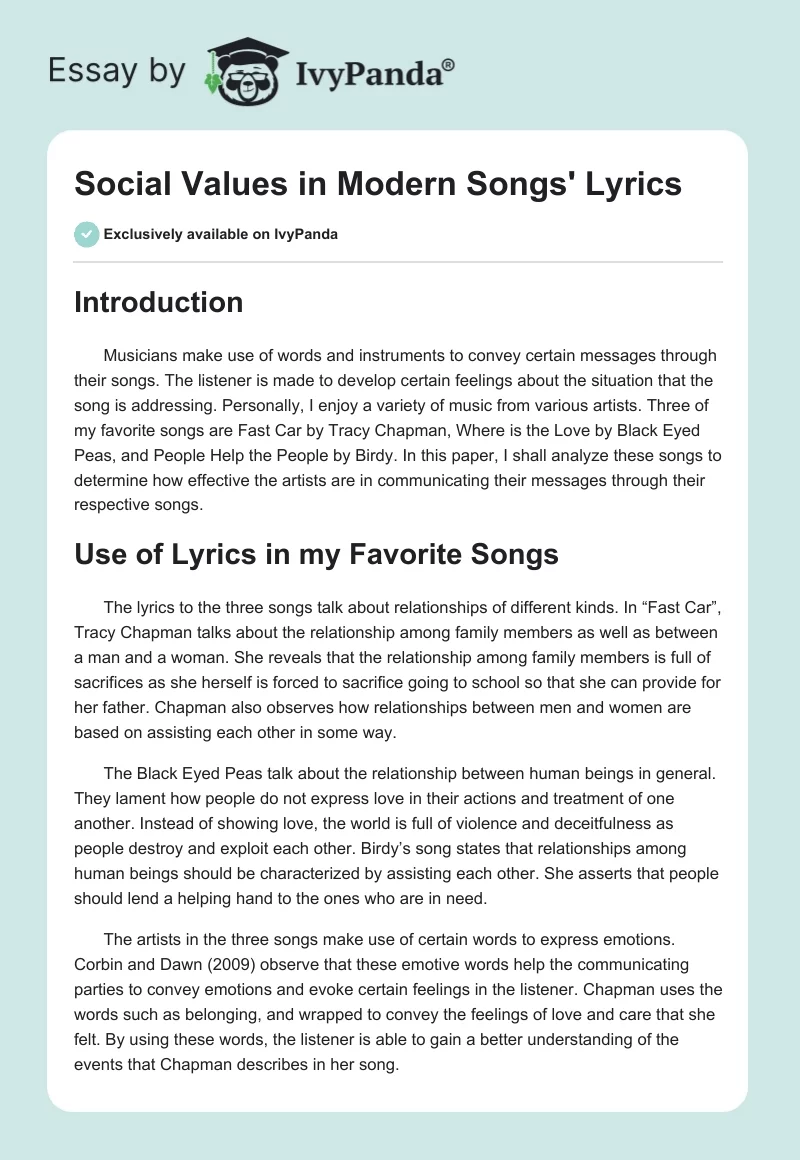 Social Values in Modern Songs' Lyrics. Page 1