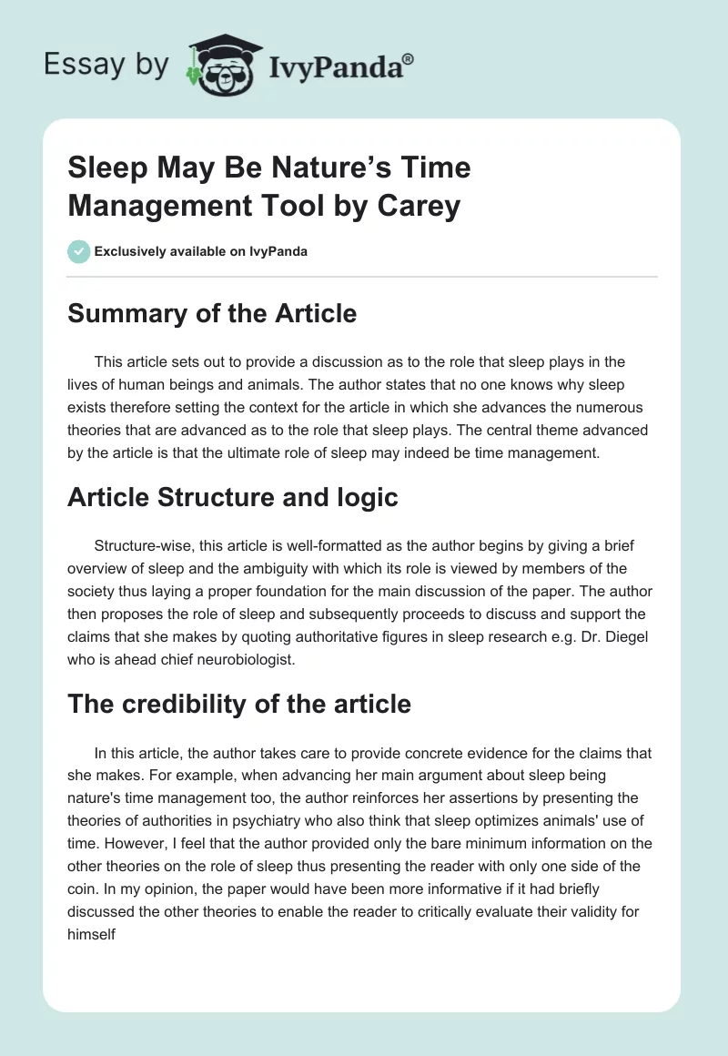 Sleep May Be Nature’s Time Management Tool by Carey. Page 1