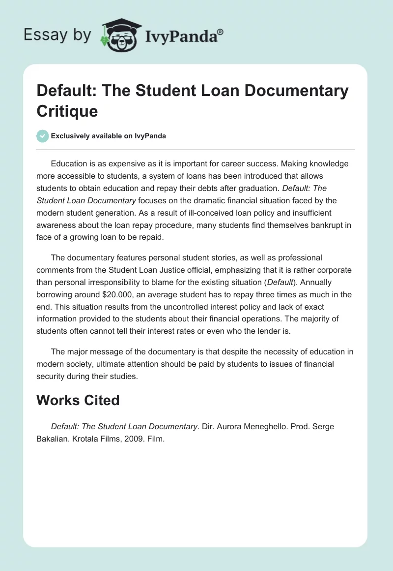 Default: The Student Loan Documentary Critique. Page 1