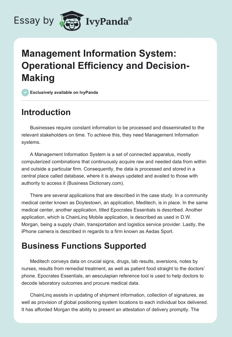 Management Information System: Operational Efficiency and Decision-Making. Page 1
