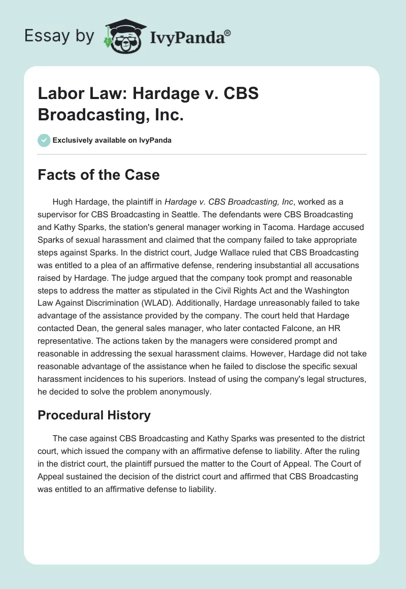Labor Law: Hardage v. CBS Broadcasting, Inc.. Page 1
