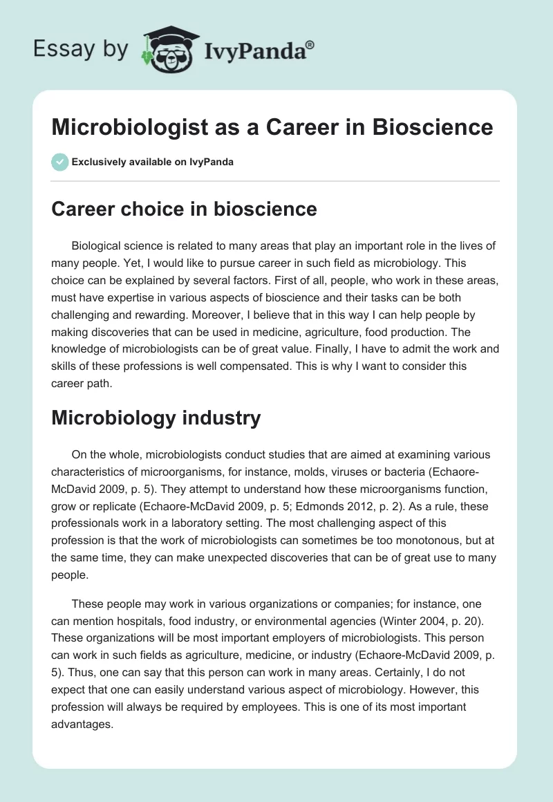 Microbiologist as a Career in Bioscience. Page 1