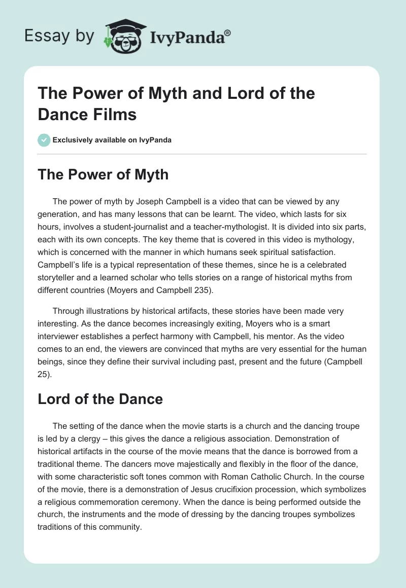 "The Power of Myth" and "Lord of the Dance" Films. Page 1