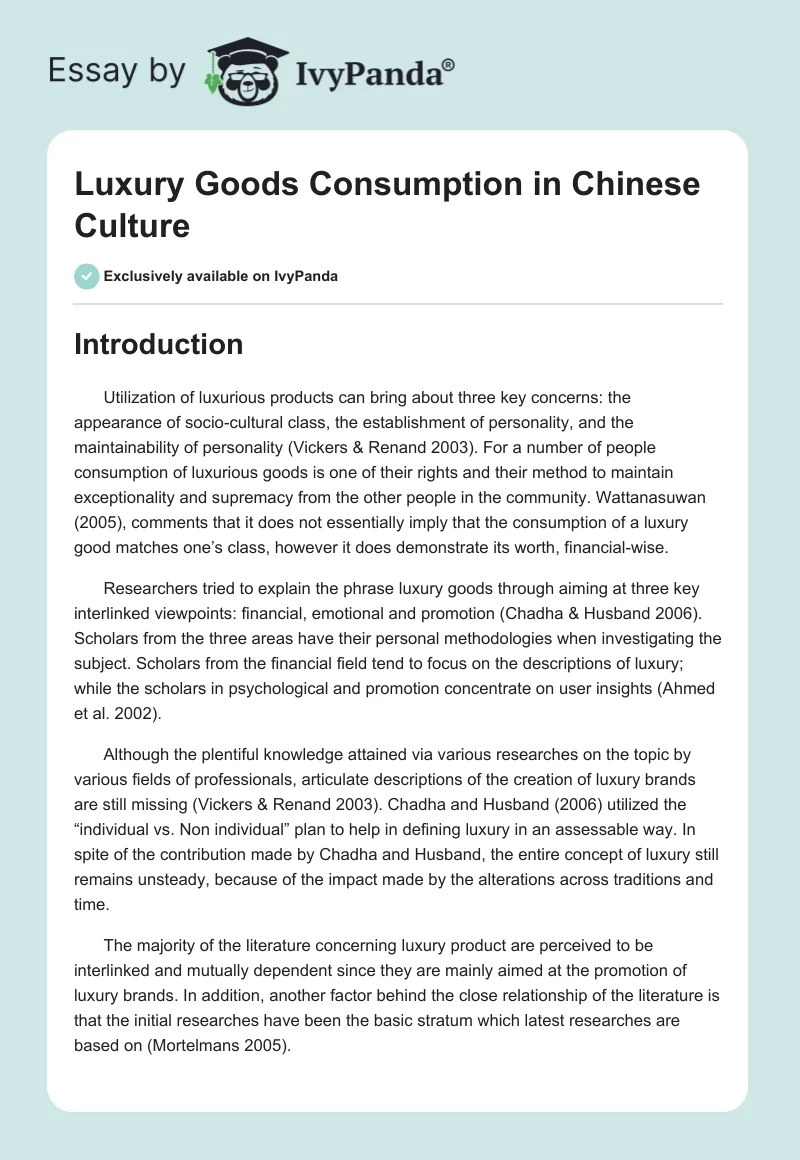 Luxury Goods Consumption in Chinese Culture - 1421 Words | Essay Example