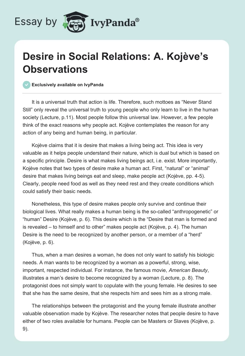 Desire in Social Relations: A. Kojève’s Observations. Page 1