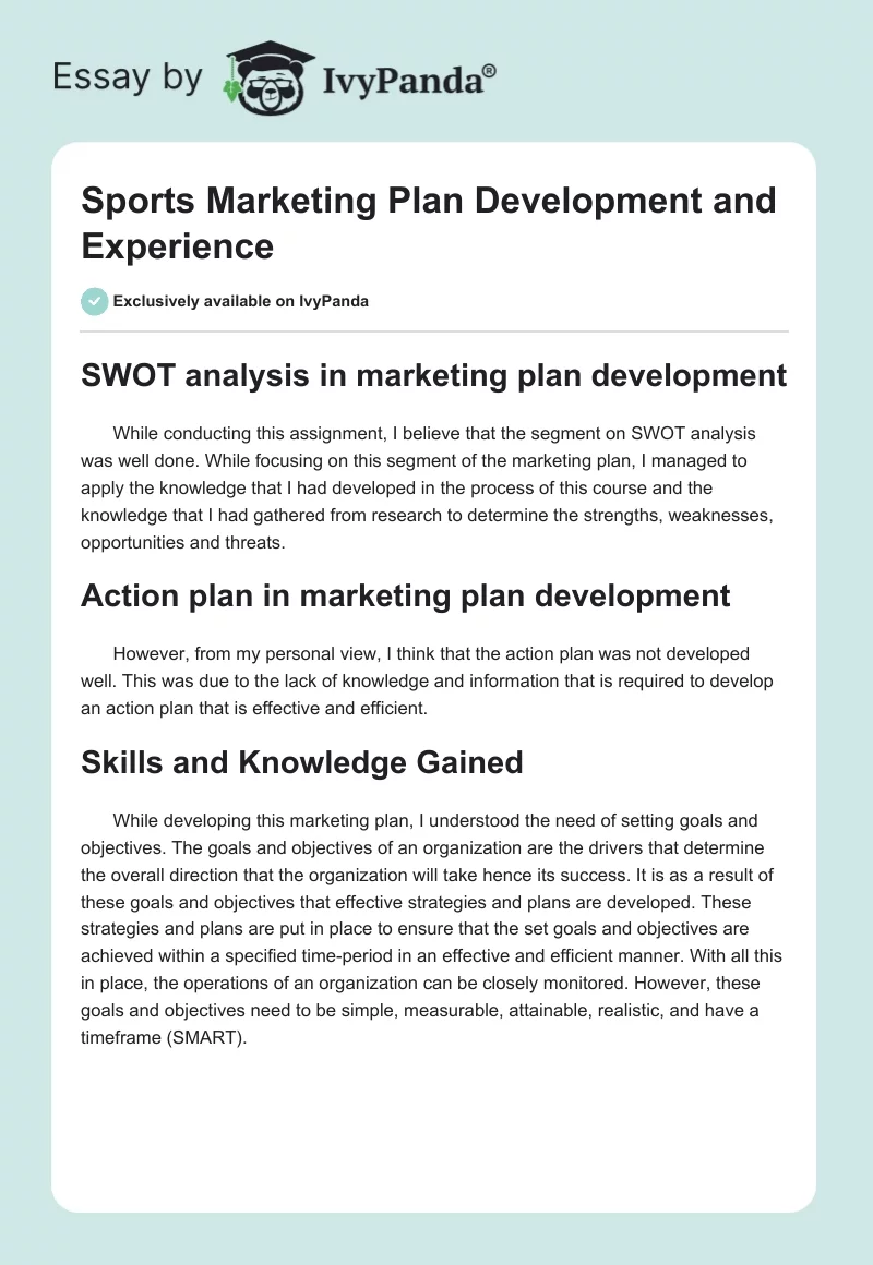Sports Marketing Plan Development and Experience. Page 1