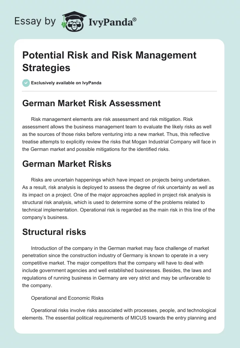 Potential Risk and Risk Management Strategies. Page 1
