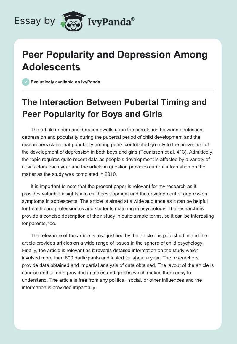 Peer Popularity and Depression Among Adolescents. Page 1