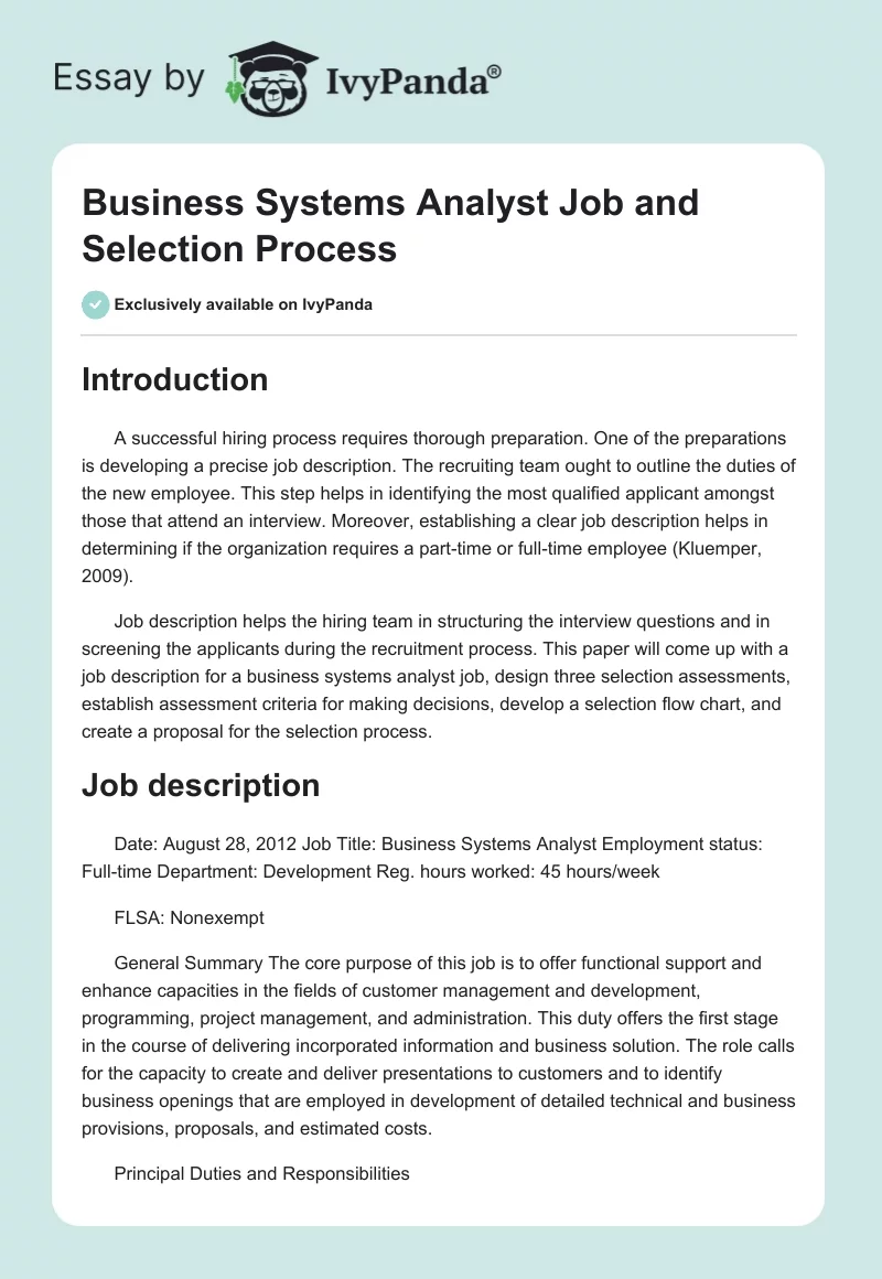 Business Systems Analyst Job and Selection Process. Page 1
