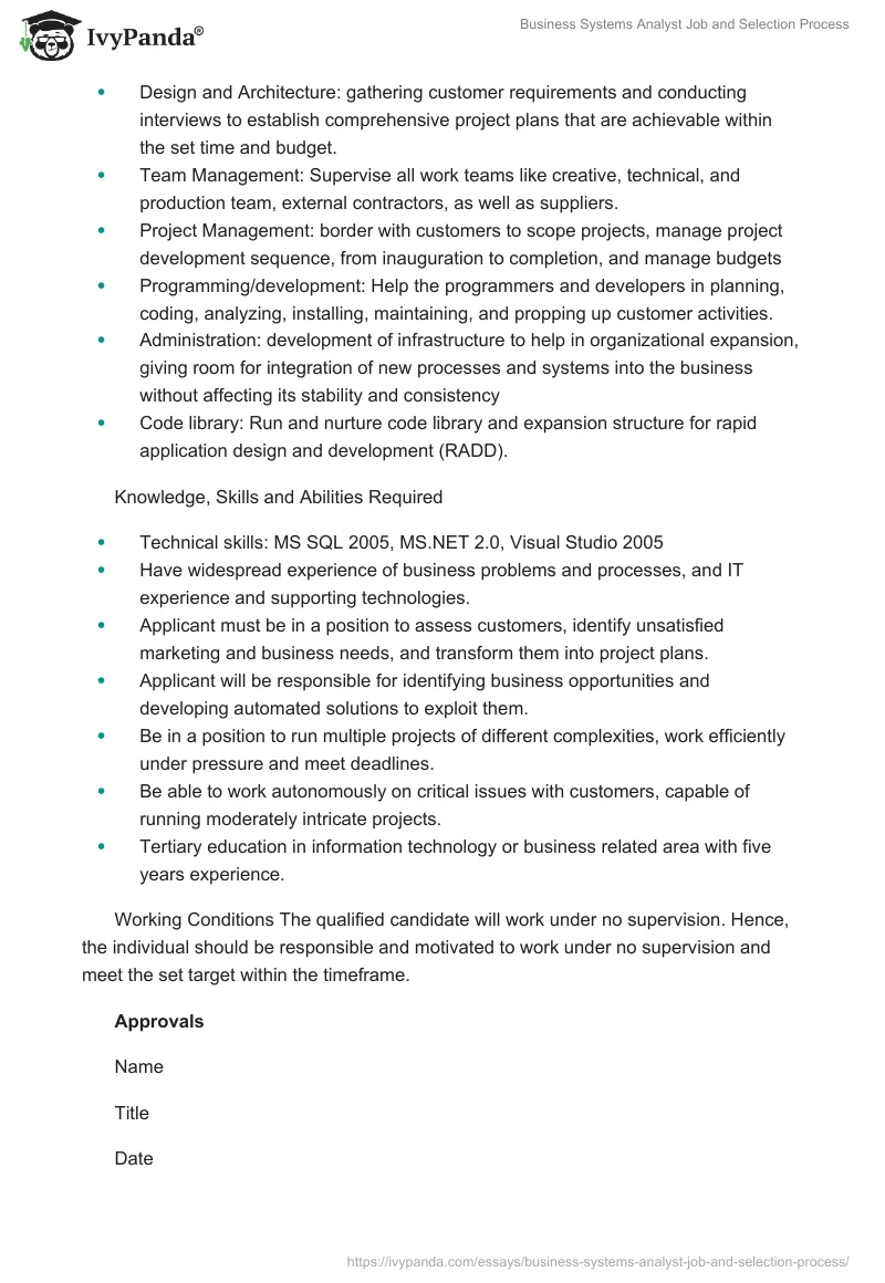 Business Systems Analyst Job and Selection Process. Page 2