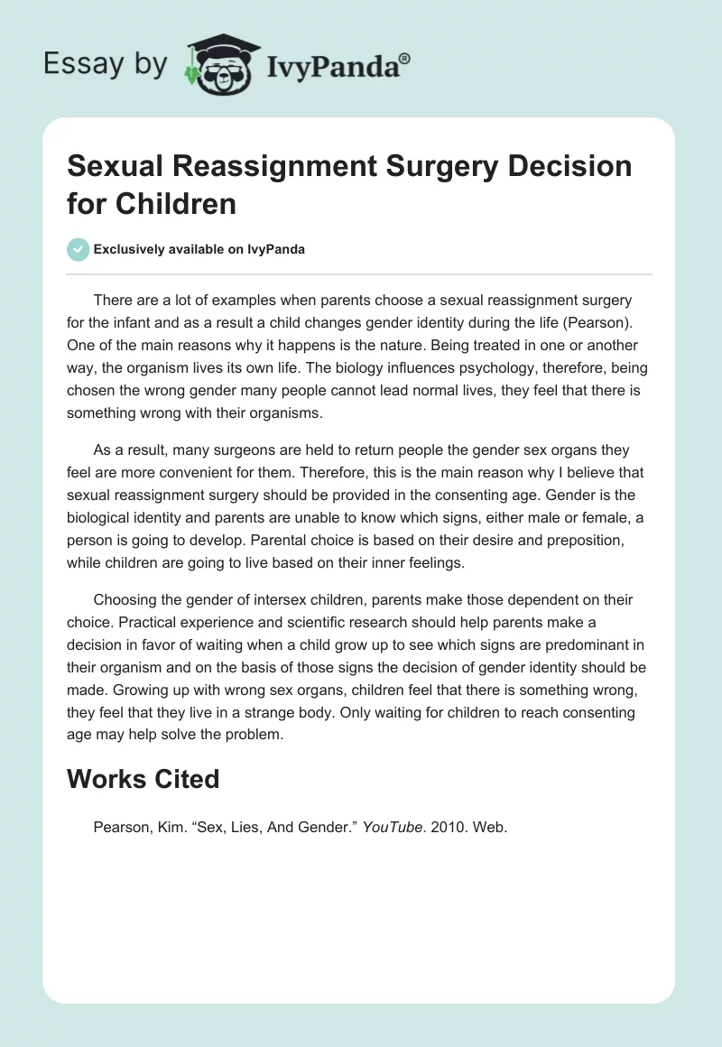 Sexual Reassignment Surgery Decision for Children. Page 1