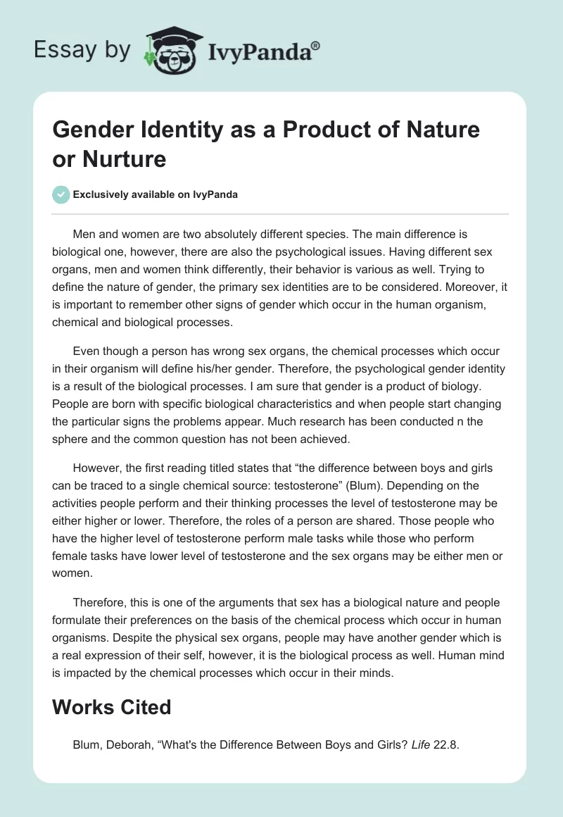 Gender Identity as a Product of Nature or Nurture. Page 1