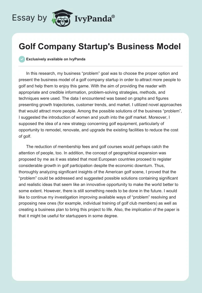 Golf Company Startup's Business Model. Page 1