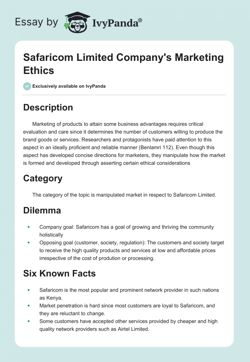 Safaricom Limited Company's Marketing Ethics. Page 1