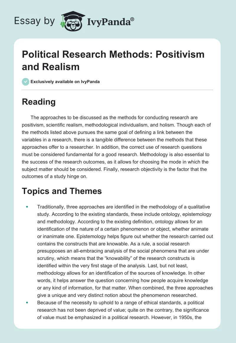 Political Research Methods: Positivism and Realism. Page 1