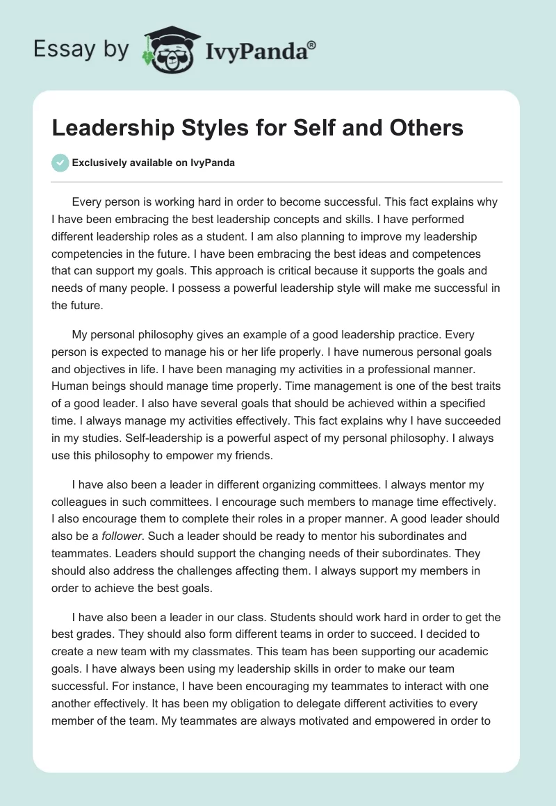 Leadership Styles for Self and Others. Page 1