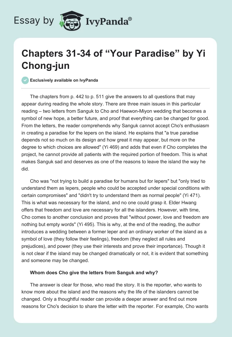 Chapters 31-34 of “Your Paradise” by Yi Chong-jun. Page 1
