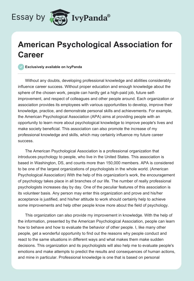 American Psychological Association for Career. Page 1