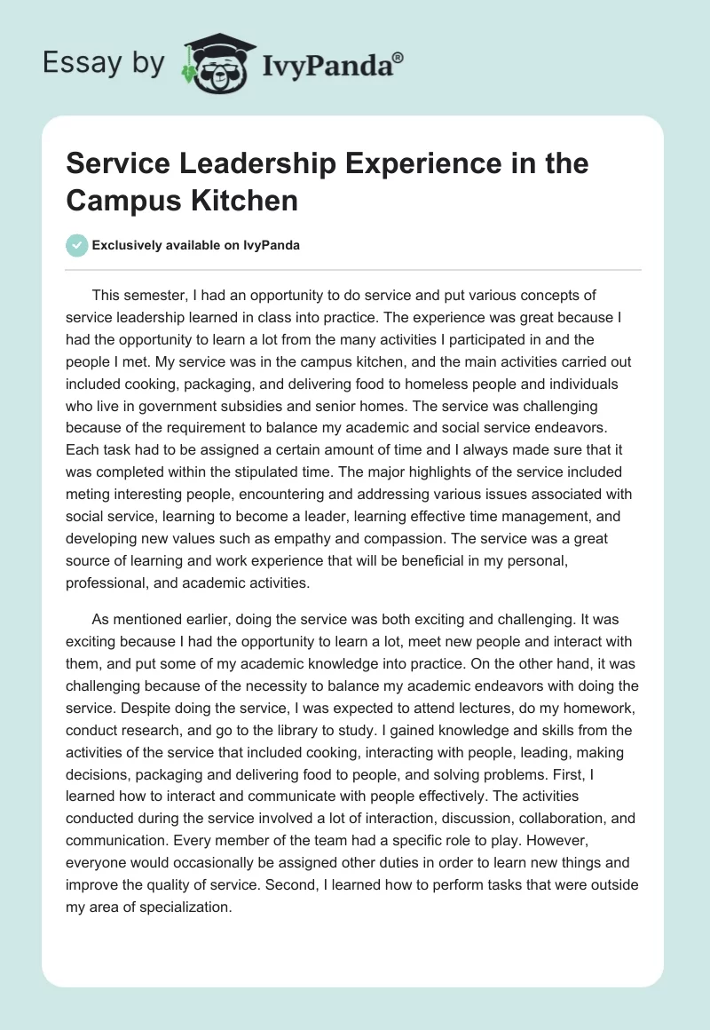 Service Leadership Experience in the Campus Kitchen. Page 1