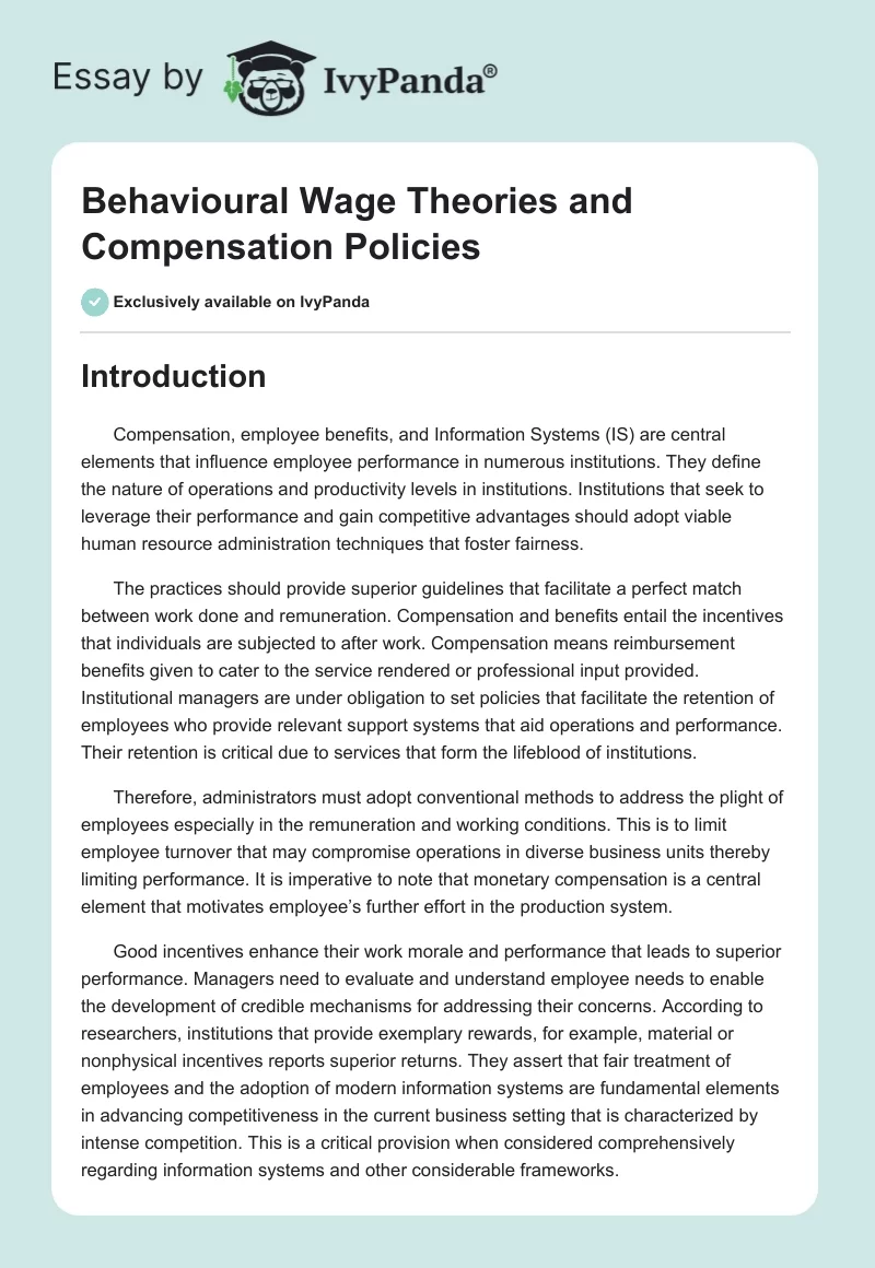 Behavioural Wage Theories and Compensation Policies. Page 1