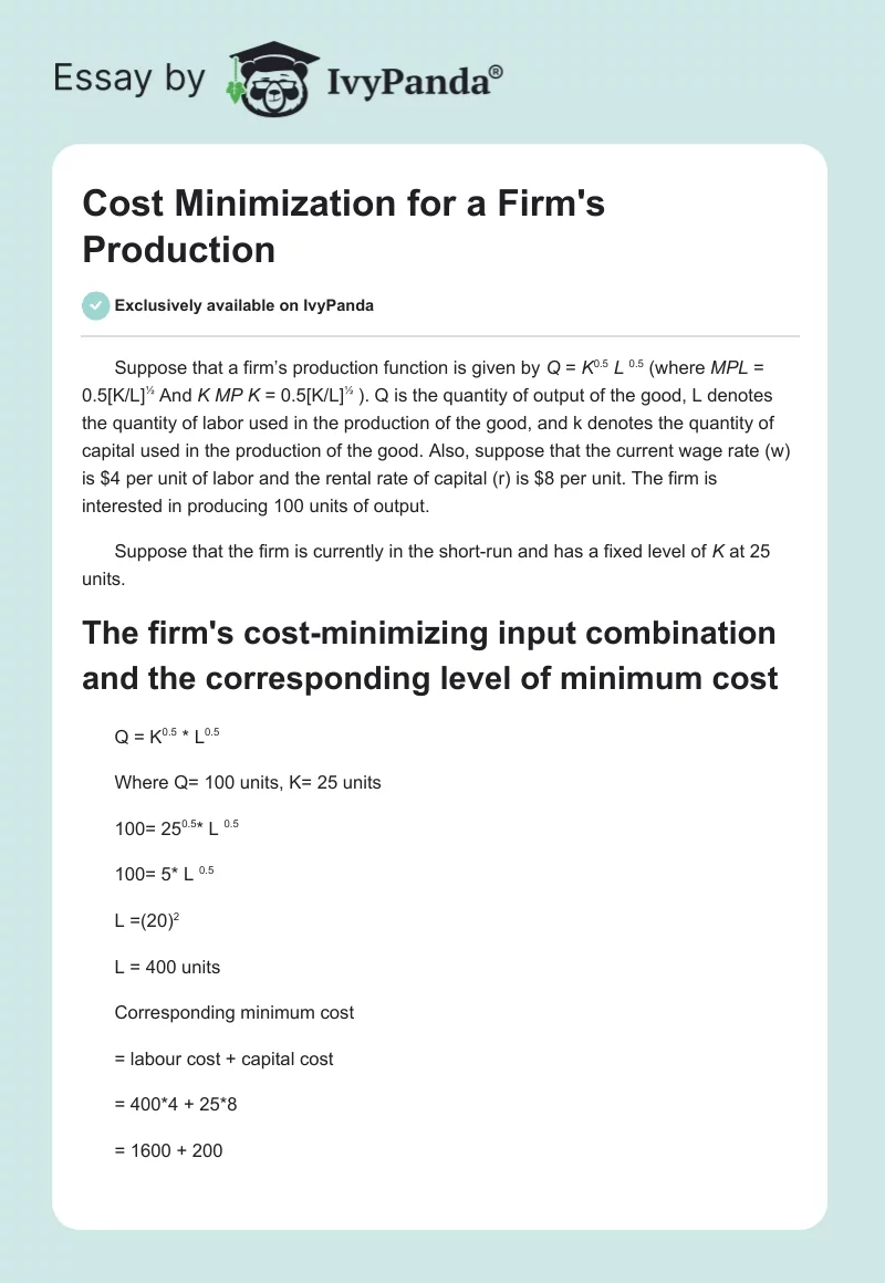 Cost Minimization for a Firm's Production. Page 1