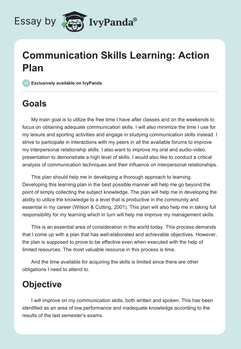 Communication Skills Learning: Action Plan. Page 1