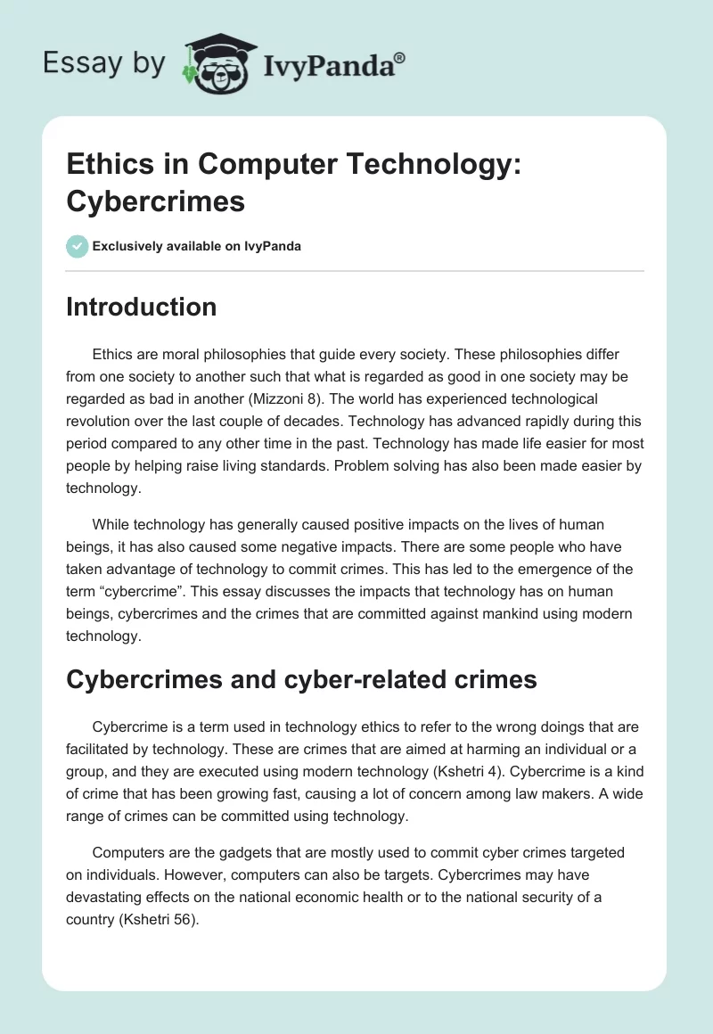 Ethics in Computer Technology: Cybercrimes. Page 1