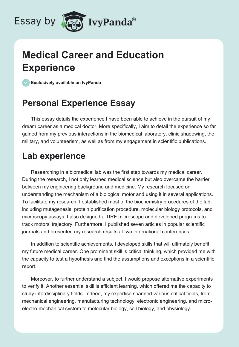 Medical Career and Education Experience. Page 1