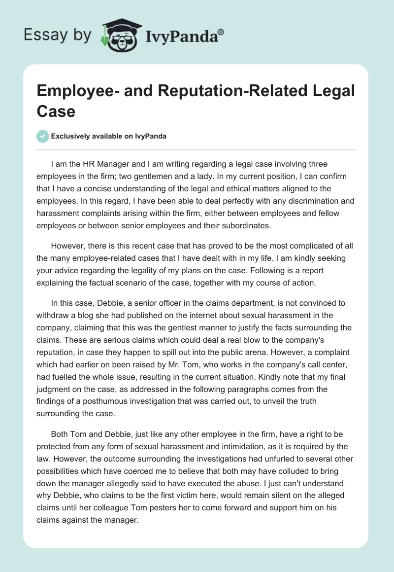 Employee- and Reputation-Related Legal Case. Page 1