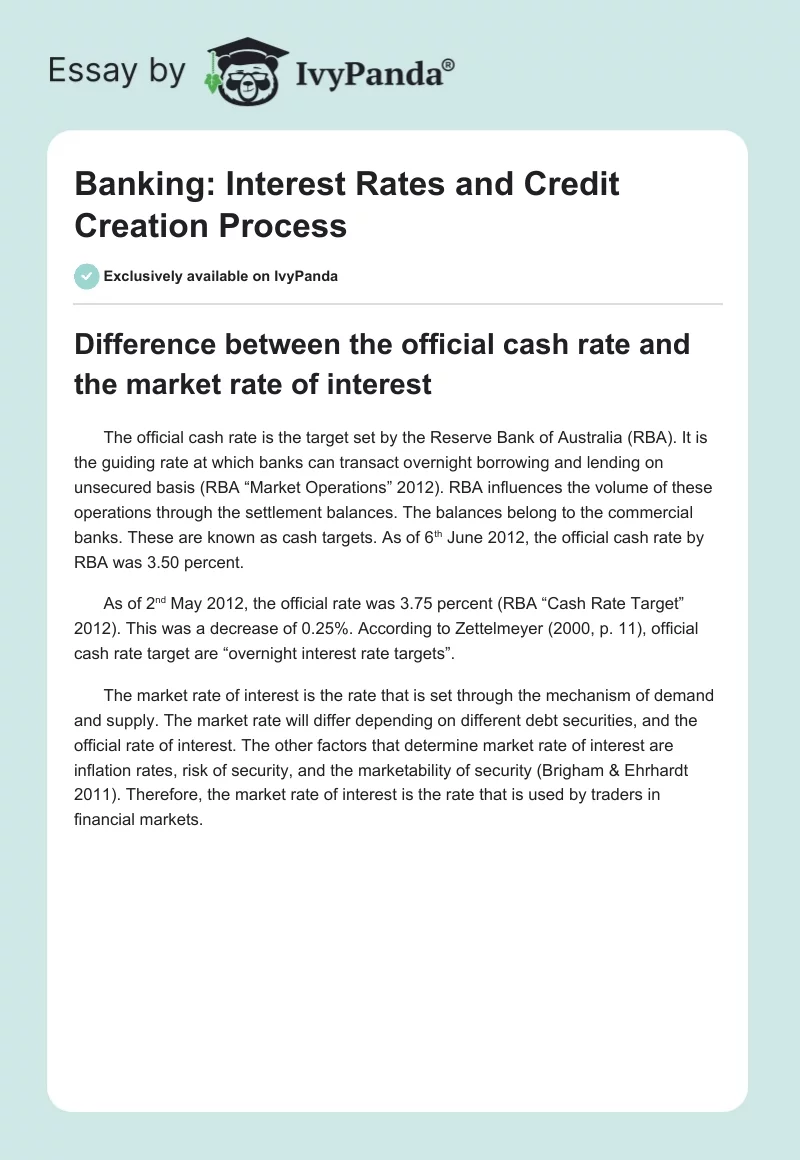 Banking: Interest Rates and Credit Creation Process. Page 1