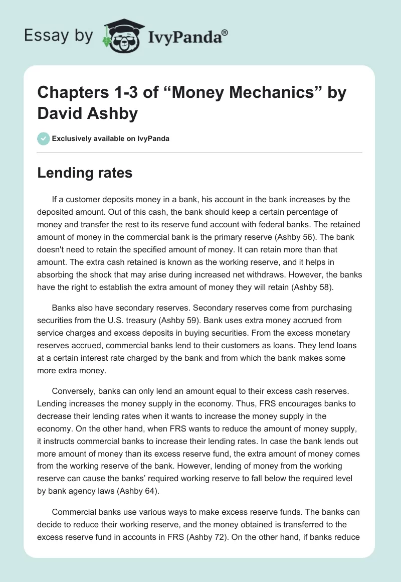 Chapters 1-3 of “Money Mechanics” by David Ashby. Page 1