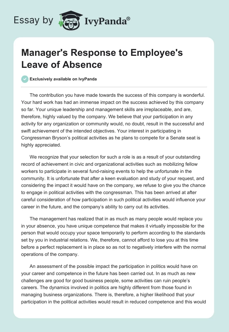 Manager's Response to Employee's Leave of Absence. Page 1