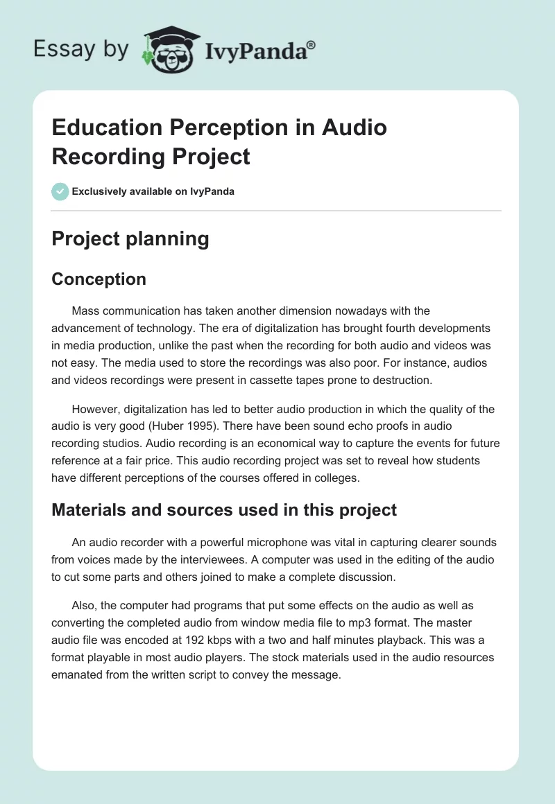 Education Perception in Audio Recording Project. Page 1