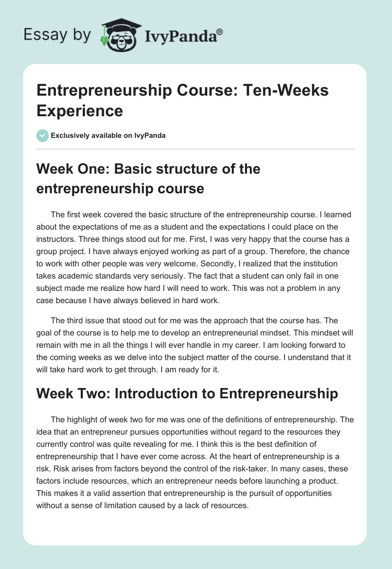 Entrepreneurship Course: Ten-Weeks Experience. Page 1