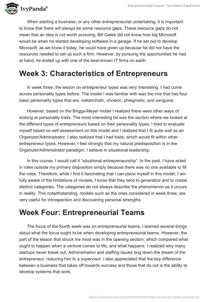 Entrepreneurship Course: Ten-Weeks Experience. Page 2