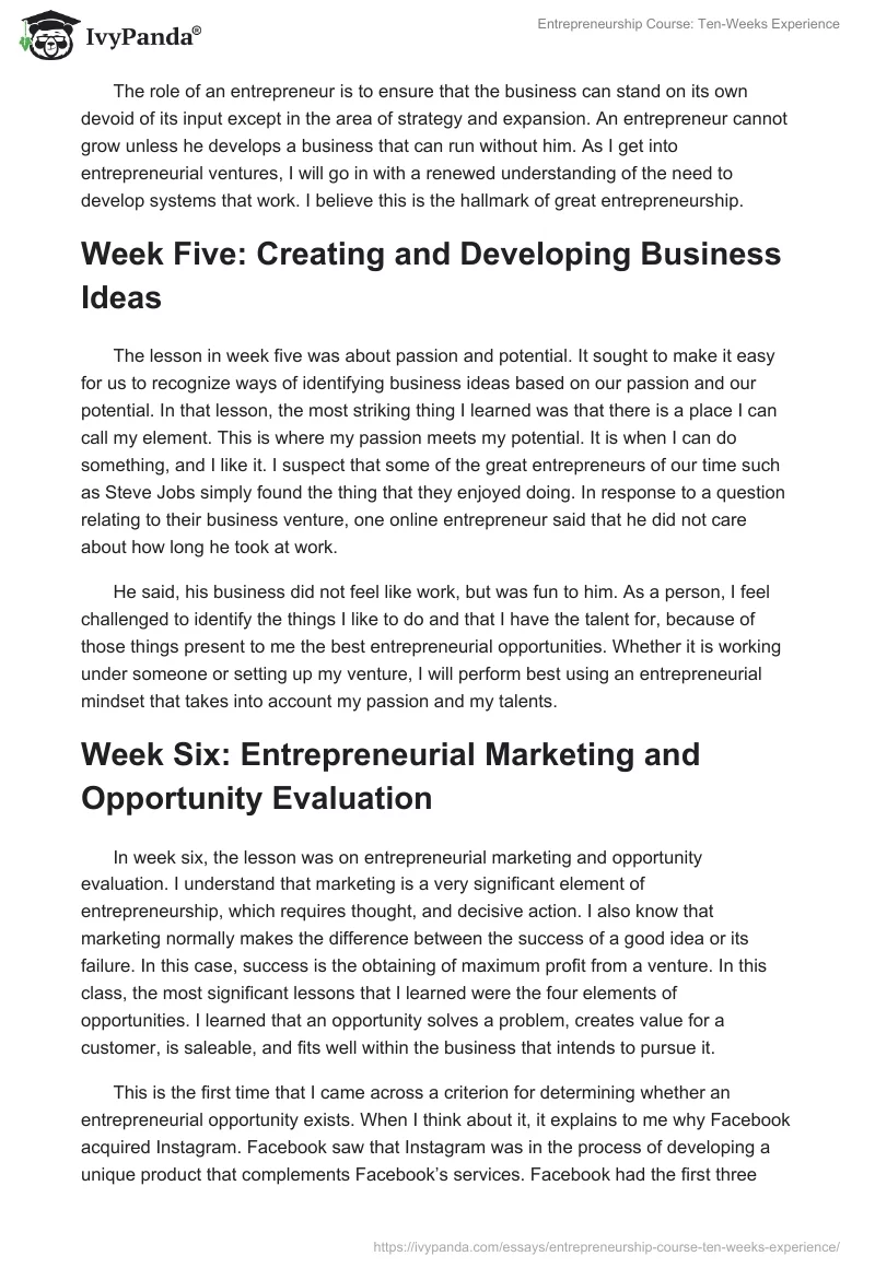 Entrepreneurship Course: Ten-Weeks Experience. Page 3