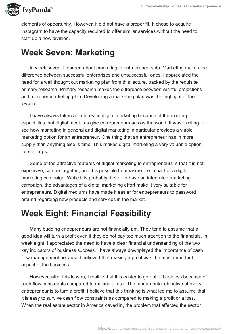 Entrepreneurship Course: Ten-Weeks Experience. Page 4
