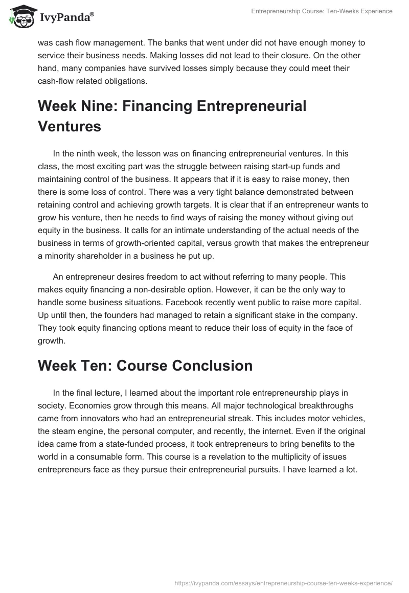 Entrepreneurship Course: Ten-Weeks Experience. Page 5