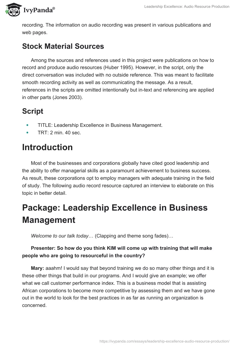 Leadership Excellence: Audio Resource Production. Page 2